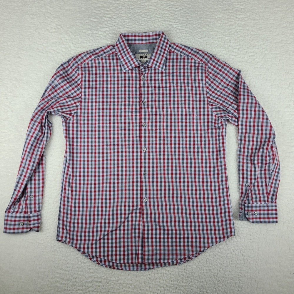 Joseph Abboud Dress Shirt Mens XL Red Gray Check Plaid Non Iron Button Up